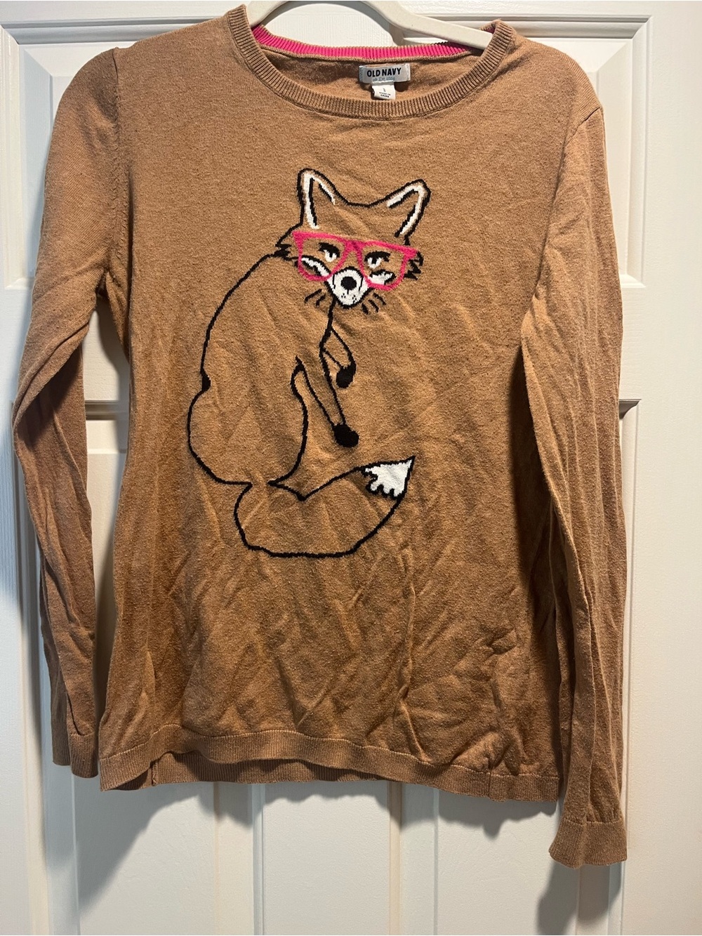 Old Navy Tan Fox Crewneck Sweater with Pink Glasses Detail